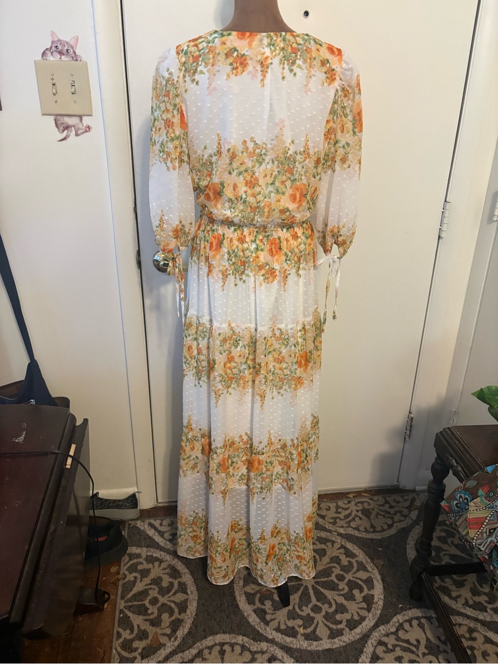 Melonie Women Sz 12 Floral buttoned smocked tie balloon sleeve V-Neck Maxi Dress - Picture 8 of 12